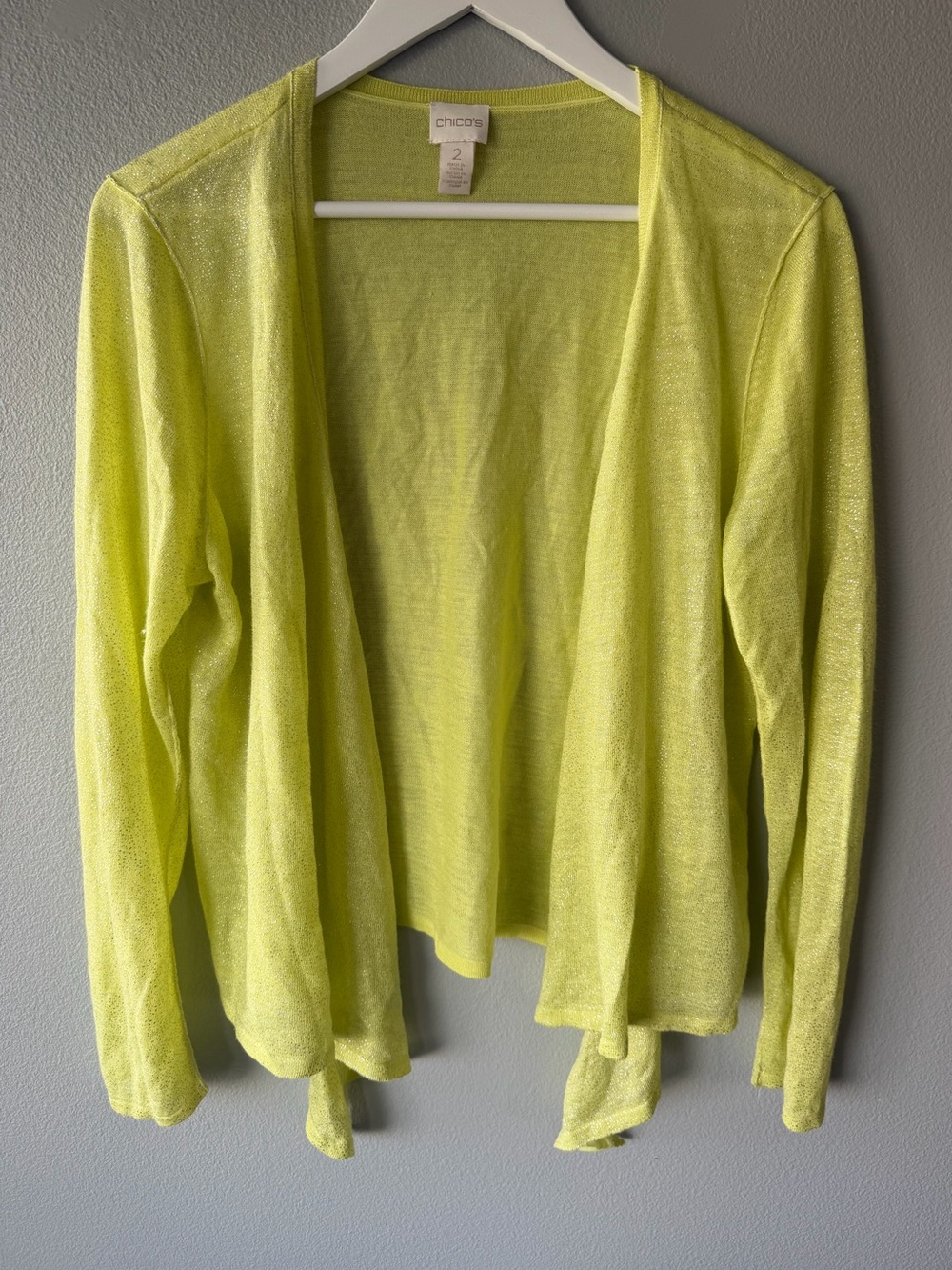 Chico’s yellow green silver sparkle lightweight knit open cardigan sz 2 sz L
